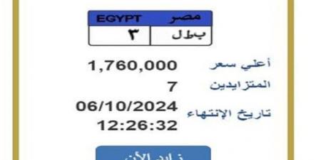 «ب ط ل 3».. مزايدة على لوحة سيارة مميزة بقيمة مليون و760 ألف جنيه