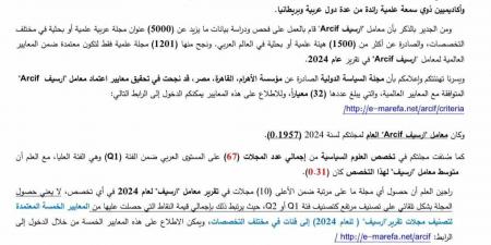 مجلة "السياسة الدولية" تحصل على معايير اعتماد معامل التأثير والاستشهادات المرجعية العربية "أرسيف Arcif"