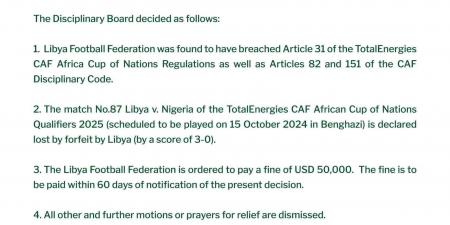 تصفيات أمم إفريقيا 2025.. الكاف يقرر فوز منتخب نيجيريا وتغريم الاتحاد الليبي 50 ألف دولار