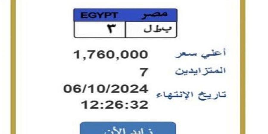 «ب ط ل 3».. مزايدة على لوحة سيارة مميزة بقيمة مليون و760 ألف جنيه