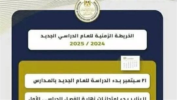 الخريطه الزمنية للعام الدراسي 2024 2025.. تبدأ أجازة نصف العام ٢٥ يناير.. ٨ فبراير بدء الترم الثاني 5 الخريطه الزمنية للعام الدراسي 2024 2025.. تبدأ أجازة نصف العام ٢٥ يناير.. ٨ فبراير بدء الترم الثاني